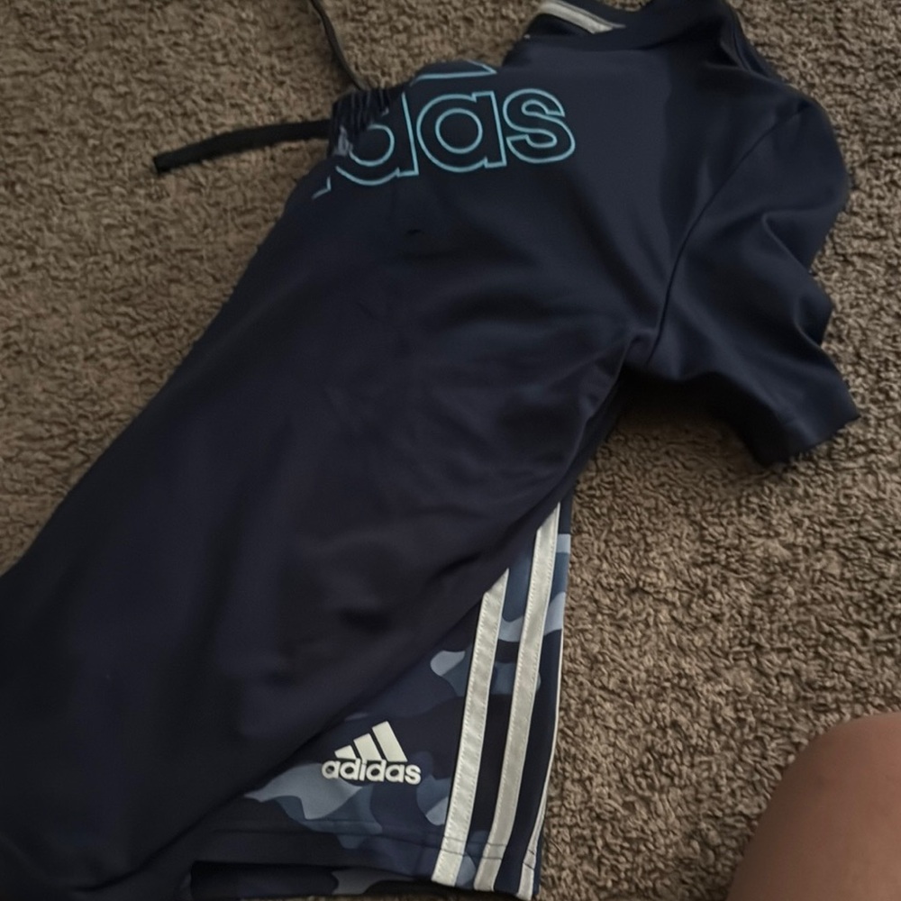 Adidas Dark Blue Sports Tee with Light Blue Logo